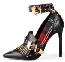Women's Pumps High Tartan Heels Plaid Dress Shoes with Rivets Ankle Strap Buckle Women Shoes